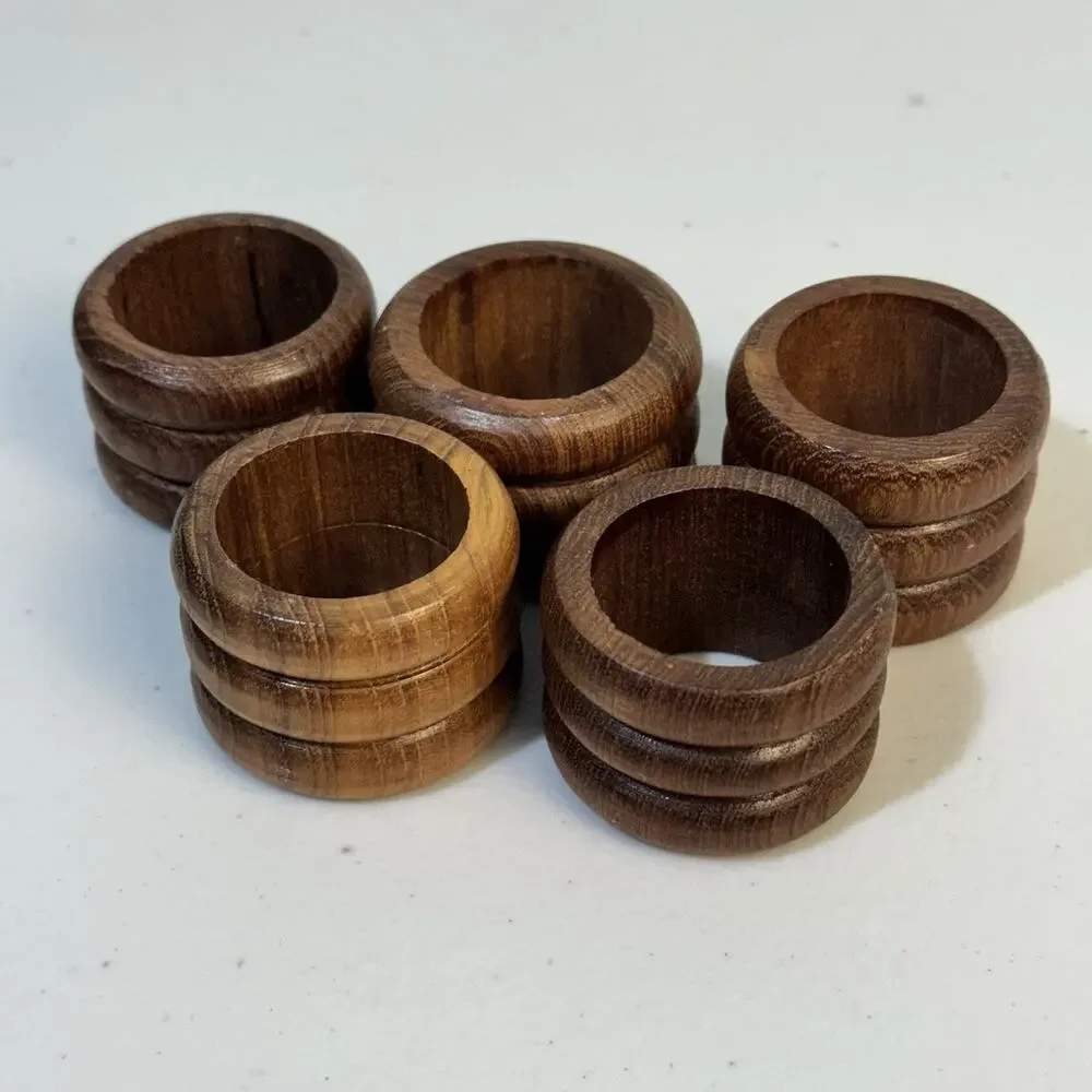 VTG Set of Five (5) MCM Ribbed Wooden Napkin Holders Round Shape 70’s Teak Wood